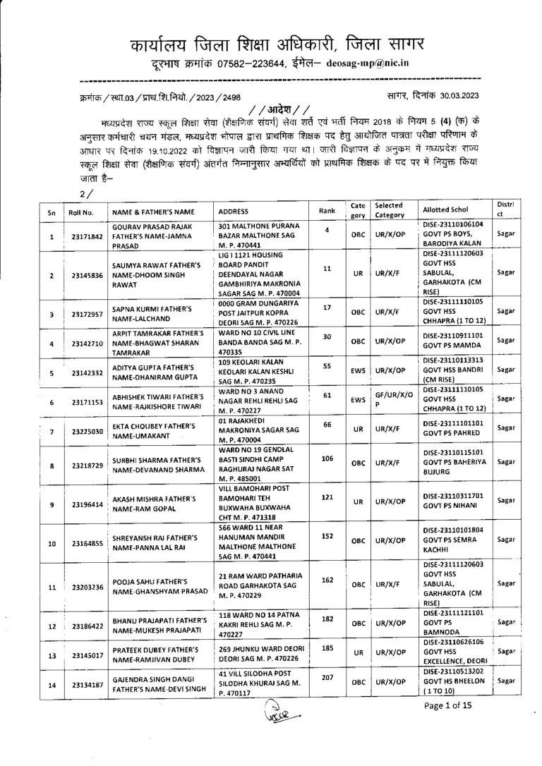 प्राथमिक माध्यमिक शिक्षकों की नई पदस्थापना नियुक्ति आदेश जारी