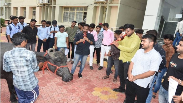 मेडिकल के छात्रों ने किया अनोखा प्रदर्शन, कॉलेज परिसर में शुरू किया भैंस के आगे बीन बजाना ! 