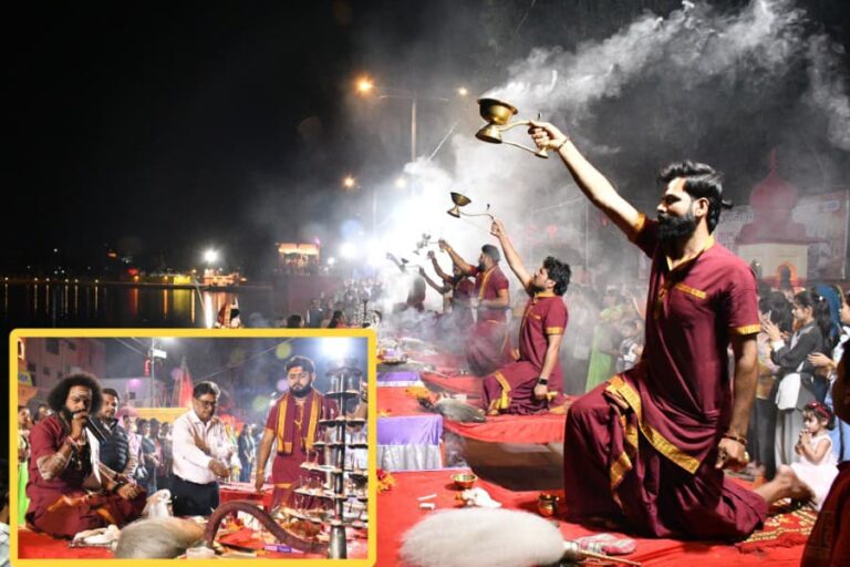 सागर में झील स्थित विट्ठल मंदिर के सामने हुई मां गंगा की दिव्य आरती में बड़ी संख्या में श्रद्धालु शामिल हुए