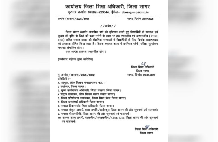 कलेक्टर के निर्देश: कक्षा नर्सरी से 12वीं तक के बच्चों की छुट्टी, अतिवृष्टि के कारण आया फैसला