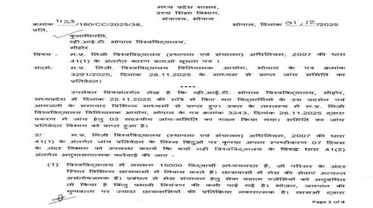 उच्च शिक्षा विभाग ने मप्र निजी विश्वविद्यालय अधिनियम, 2007 की धारा 41(1) के अंतर्गत दो को नोटिस जारी किया