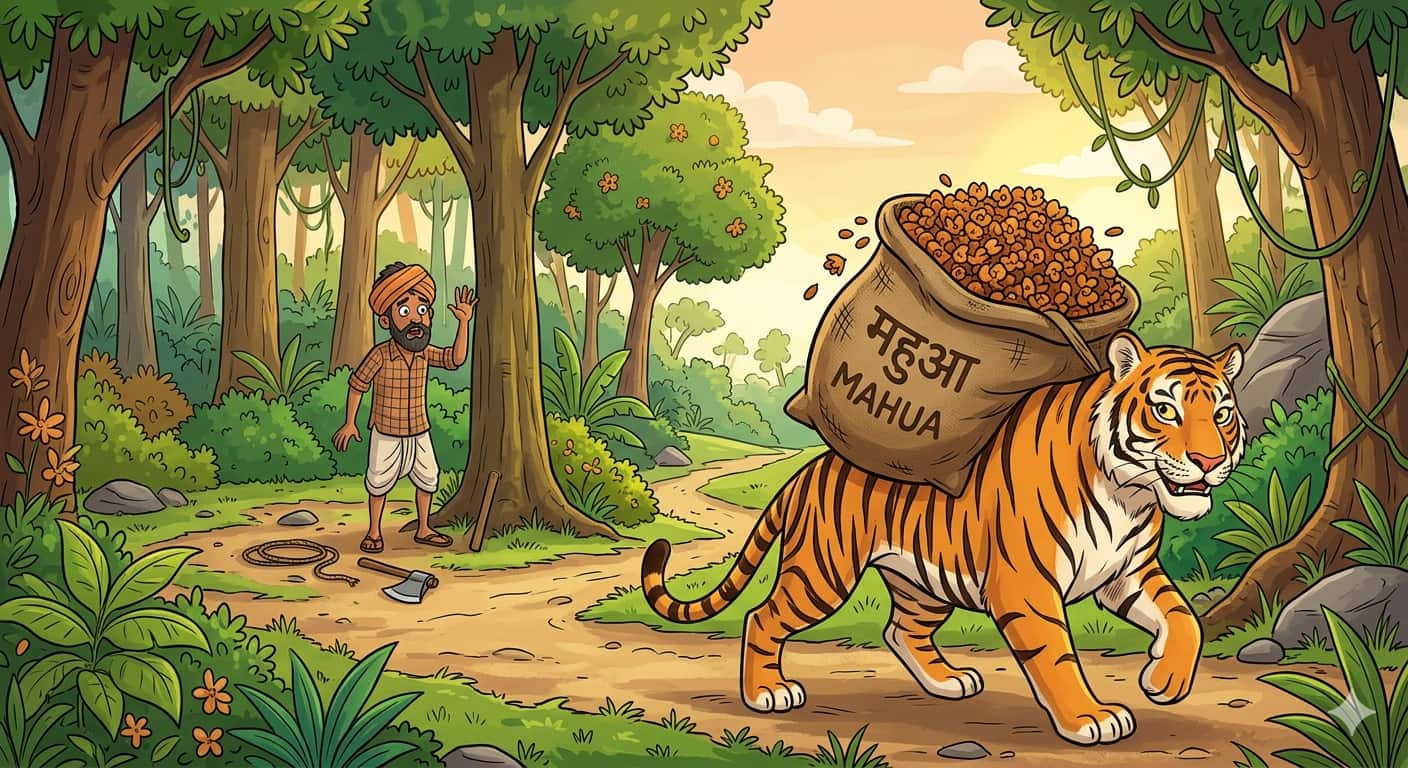 महुआ का थैला उठाकर जंगल में चला गया बाघ, ग्रामीण दूर खड़ा देखता रहा